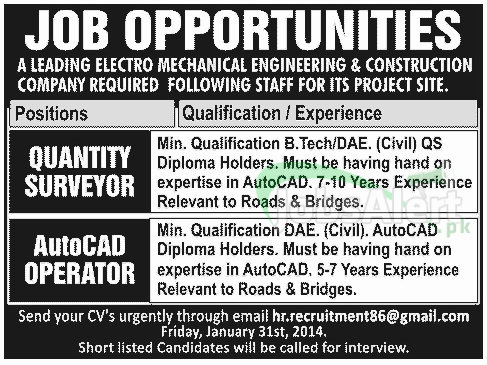 Jobs in Electro Mechanical Engineering & Construction Company