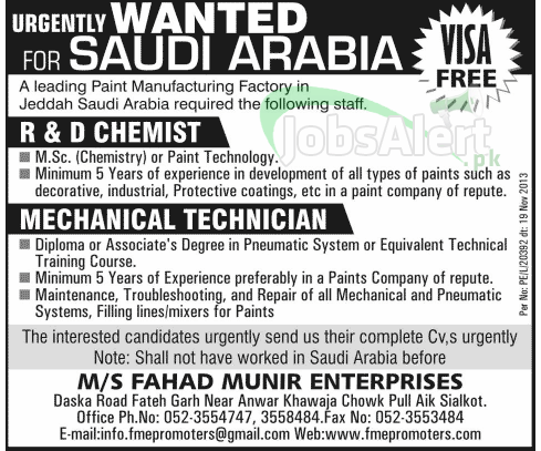 Jobs in Saudi Arabia for R&D Chemist and Mechanical Technician
