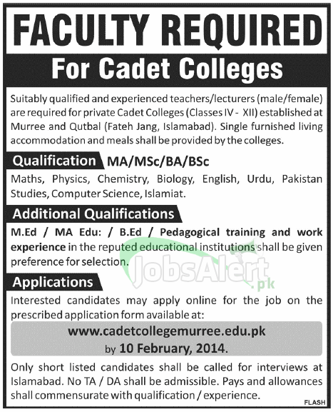 Lecturer / Teacher Male & Female Jobs in Cadet Colleges Islamabad