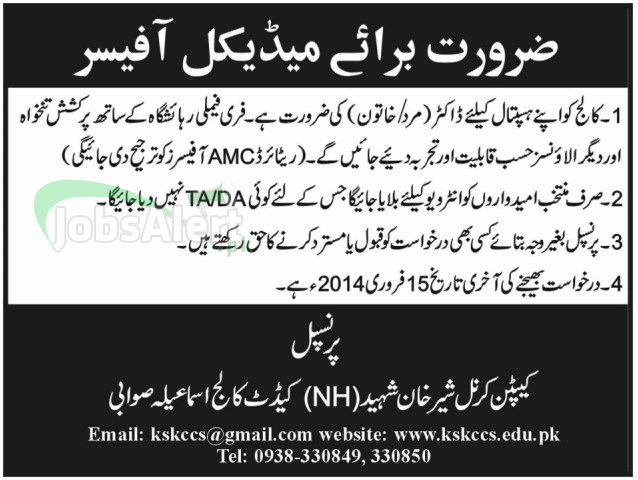 Medical Officer Male & Female Jobs in Cadet College Swabi