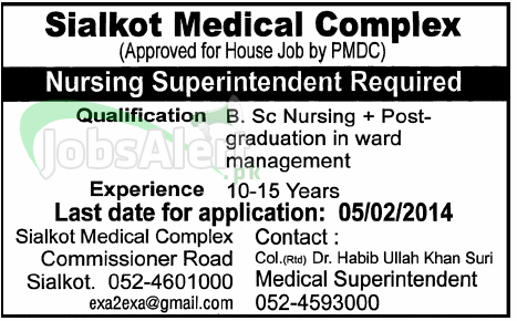 Nursing Superintendent Jobs 2014 in Sialkot Medical Complex