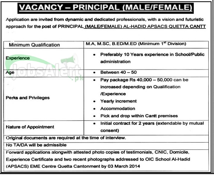 Principal Jobs Male & Female in Al Hadid APSACS Quetta