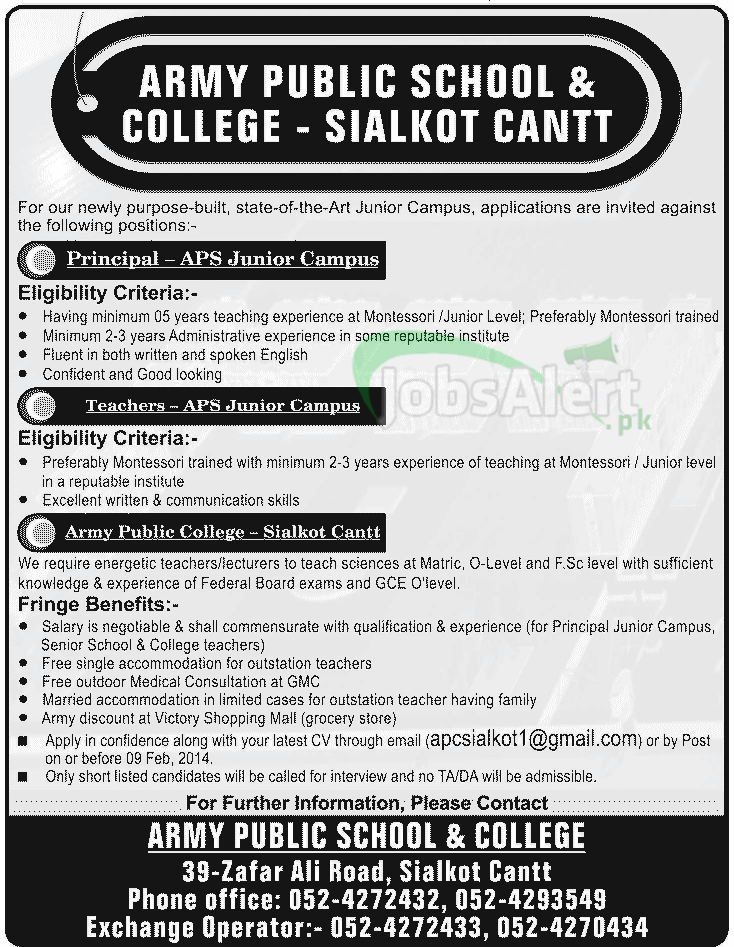 Principal & Teacher Jobs in Army Public School & College Sialkot
