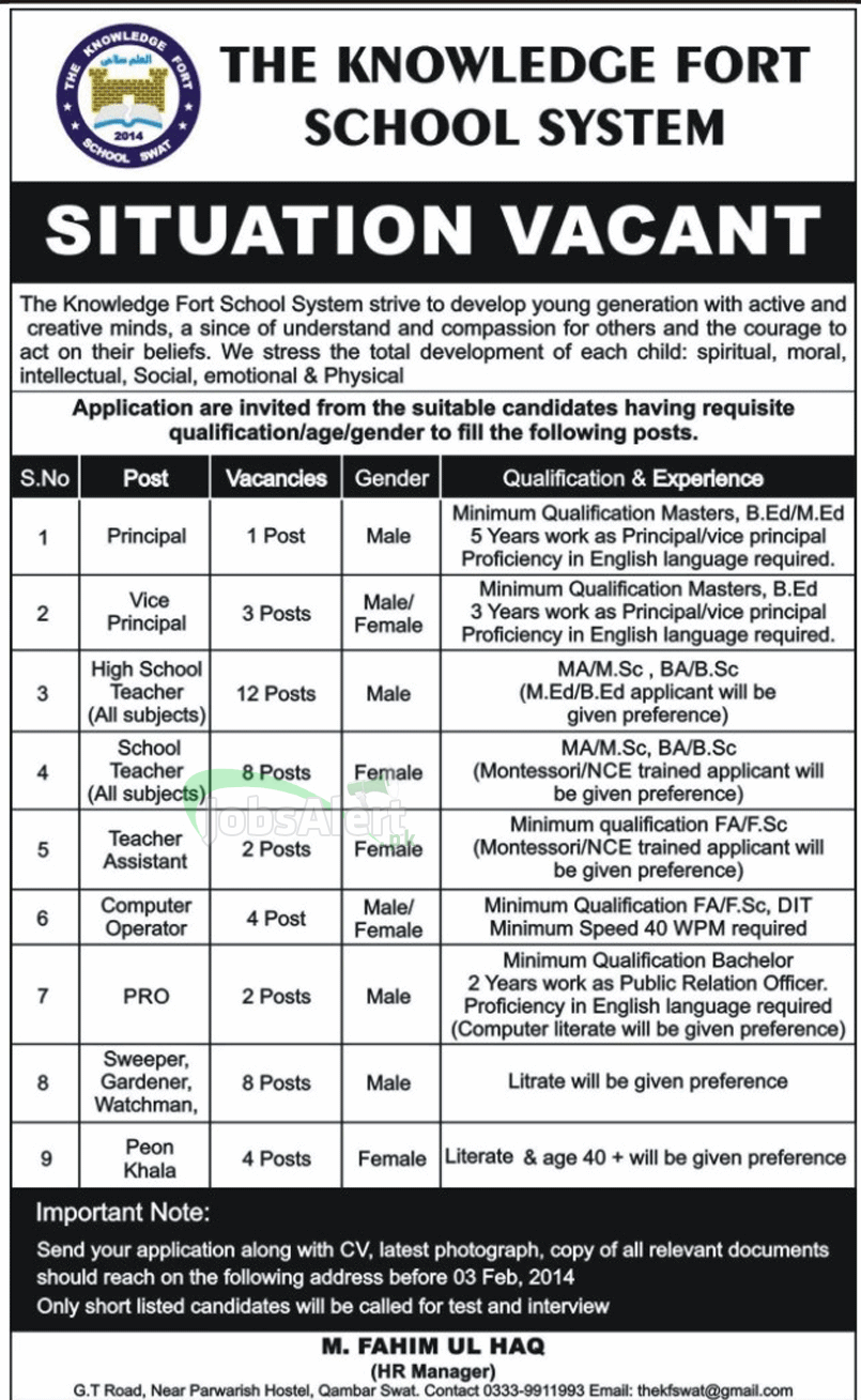 Principal & Teacher Jobs in The Knowledge Fort School System Swat
