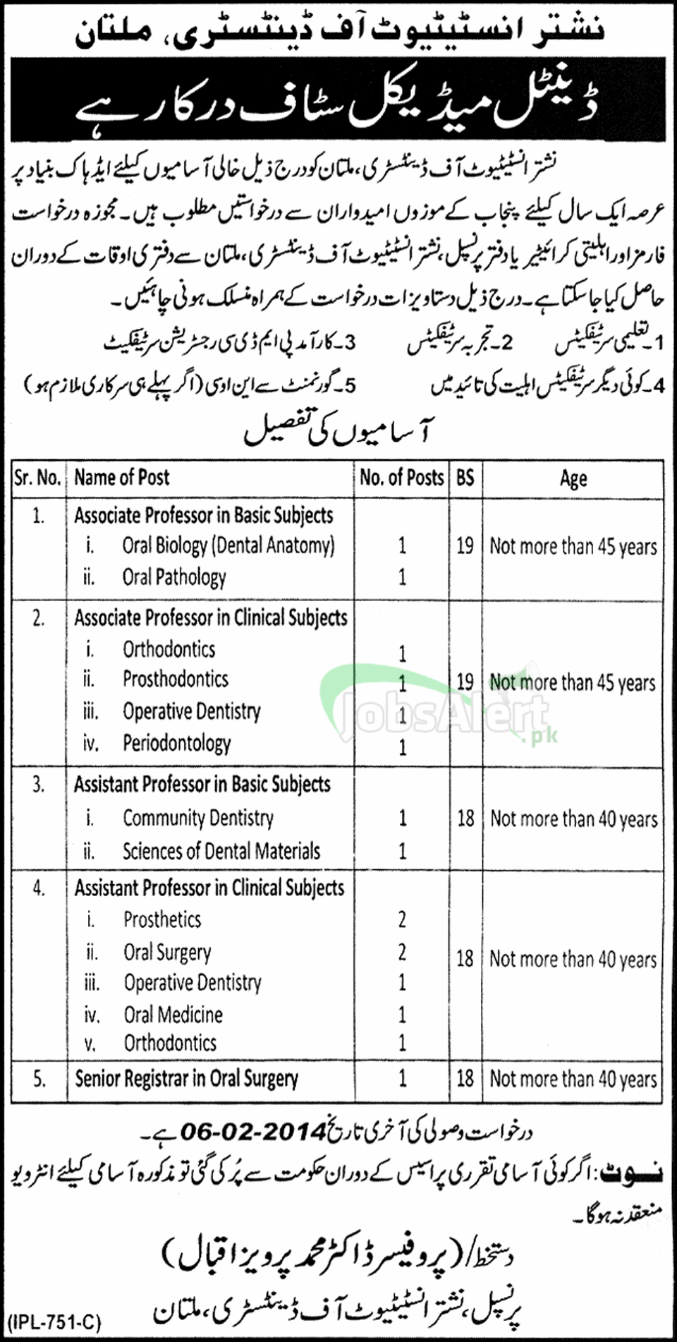 Professor & Assistant jobs in Nishter Instt. of Dentistry Multan