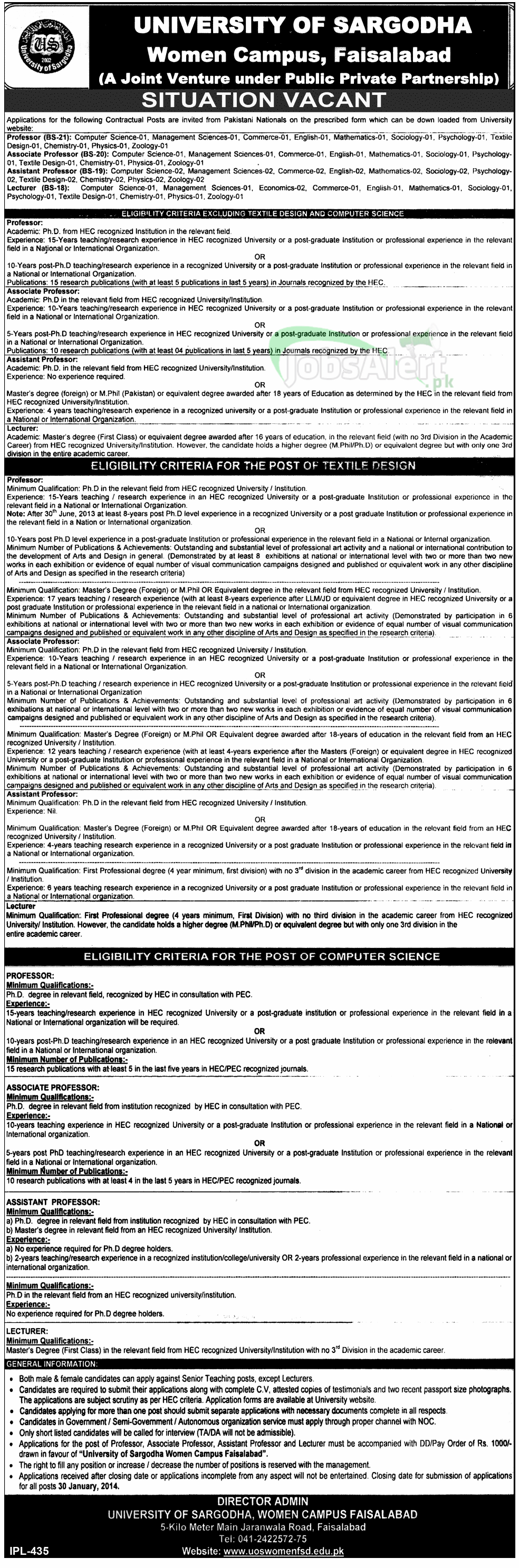 Professor Jobs in University of Sargodha Women Campus Faisalabad