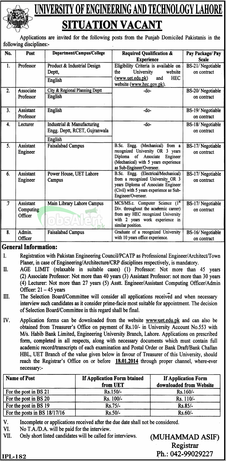 Professor and Admin Officer jobs in UET Lahore