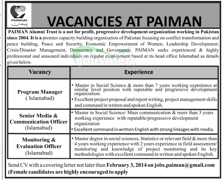 Program Manager Jobs in PAIMAN Alumni Trust Islamabad