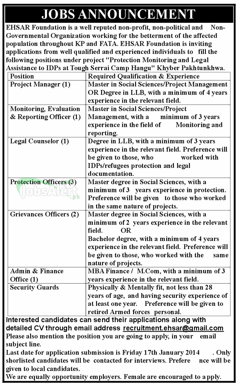 Project Manager & Admin Officer Jobs in EHSAR Foundation Fata