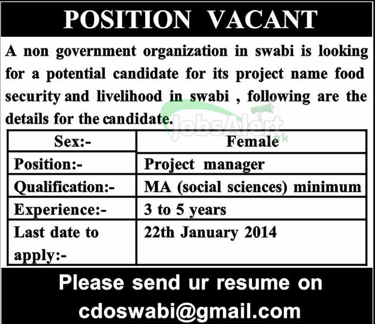 Project Manager Female Jobs in Non Govt Organization Swabi