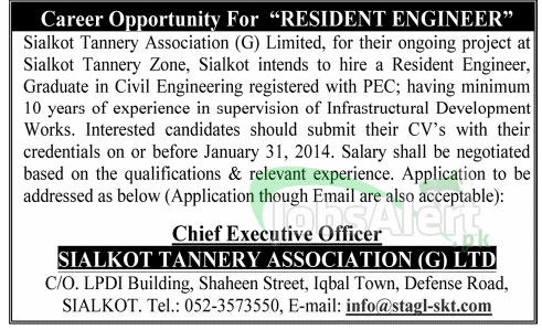 Resident Engineer Jobs in Sialkot Tannery Association G Ltd.