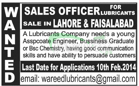 Sales Officer Jobs in Lubricants Company for Lahore & Faisalabad
