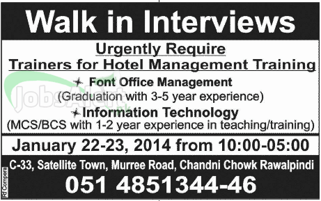 Trainers Jobs in Hotel Management Training Rawalpindi