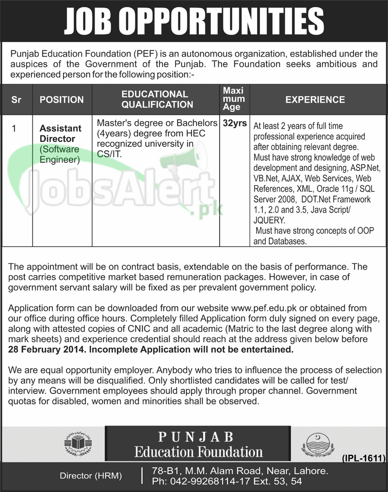 Assistant Director Jobs in Punjab Education Foundation Lahore