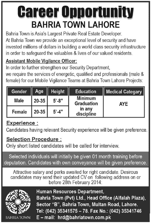 Assistant Mobile Vigilance Officer Jobs in Bahria Town Lahore