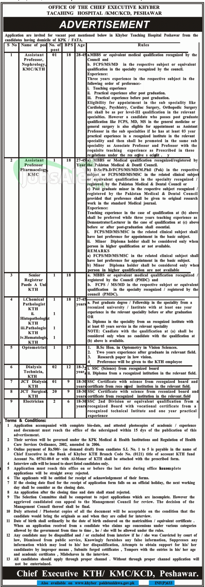 Assistant Professor Jobs 2014 in Khyber Teaching Hospital KPK