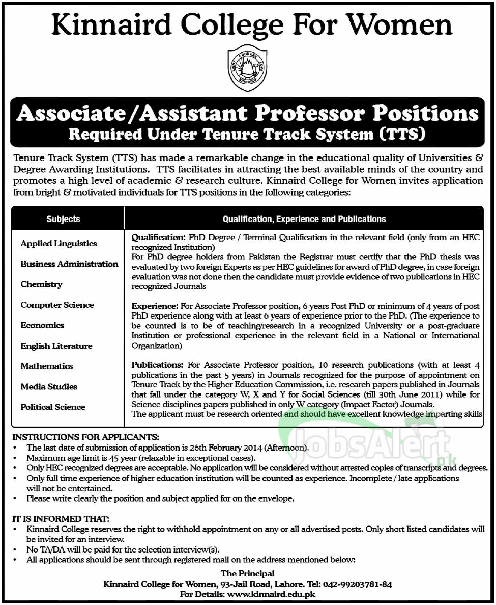 Assistant Professor Jobs in Kinnaird College For Women Lahore