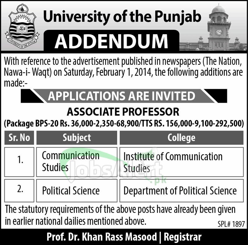 Associate Professor Jobs 2014 in University of the Punjab LHR