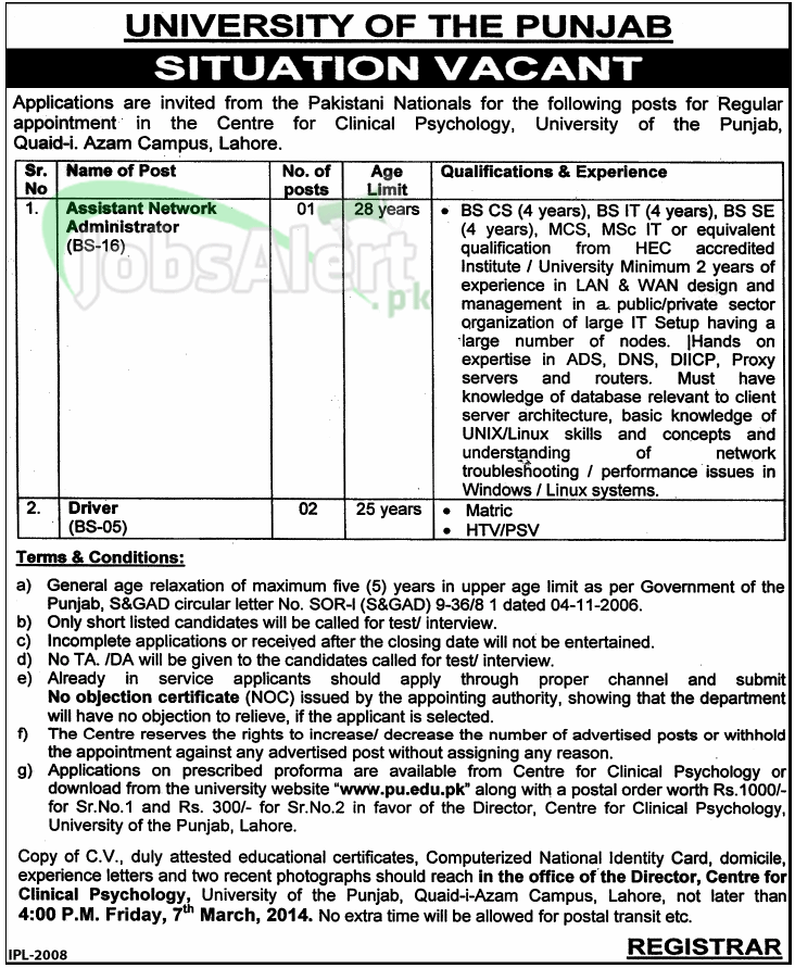 Asst Network Administration Jobs in University of the Punjab LHR