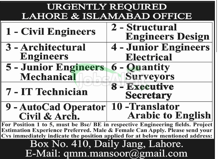 Civil Engineer & AutoCad Operator Jobs in Lahore & Islamabad