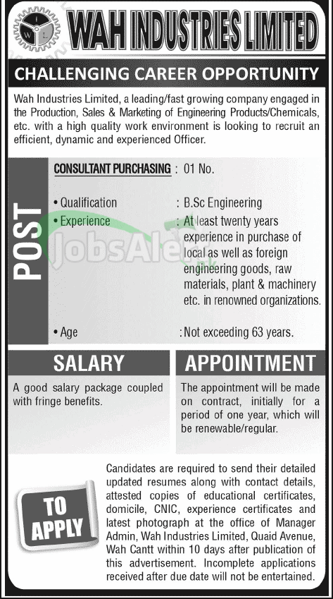 Consultant Purchasing Jobs in Wah Industries Limited Wah Cantt
