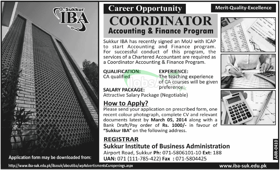 Coordinator Accounting & Finance Program Jobs in IBA Sukkur