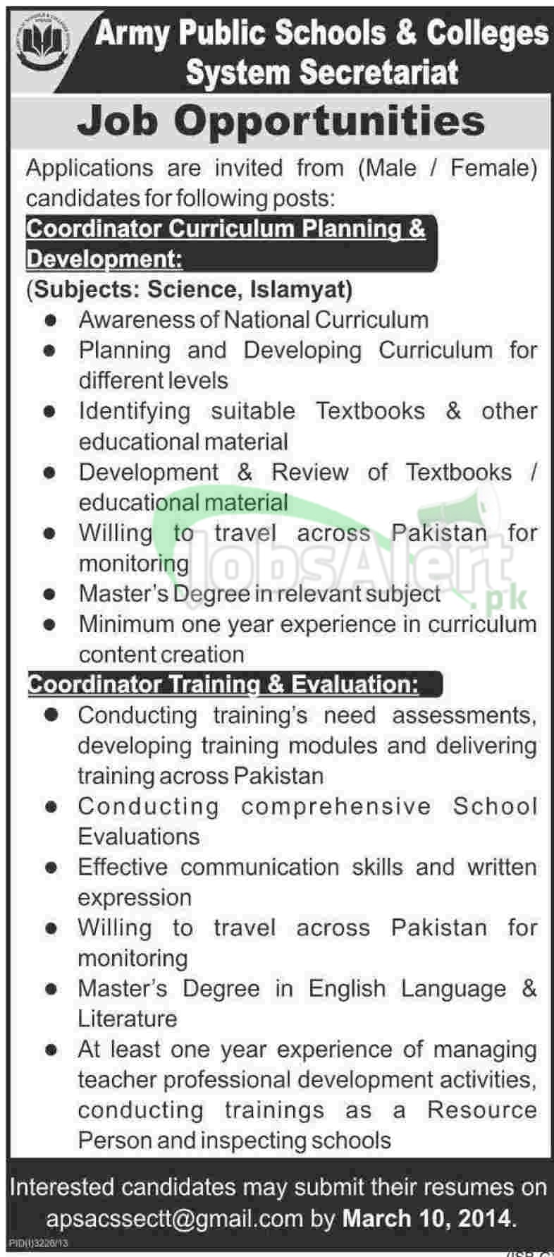 Coordinator Jobs in Army Public Schools & Colleges Pakistan