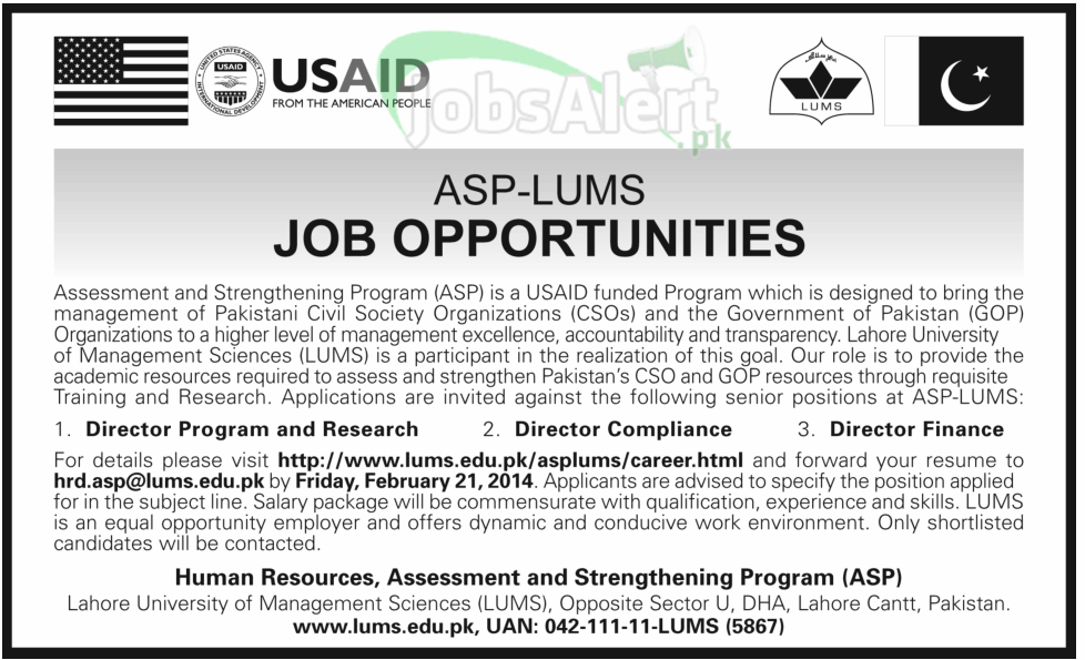 Director Finance Jobs in LUMS University LHR for USAID Program