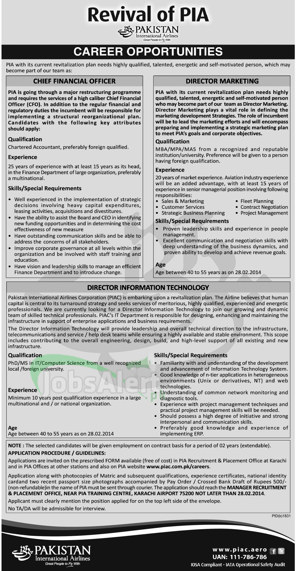 Director Marketing & Chief Financial Officer Jobs in PIA Karachi