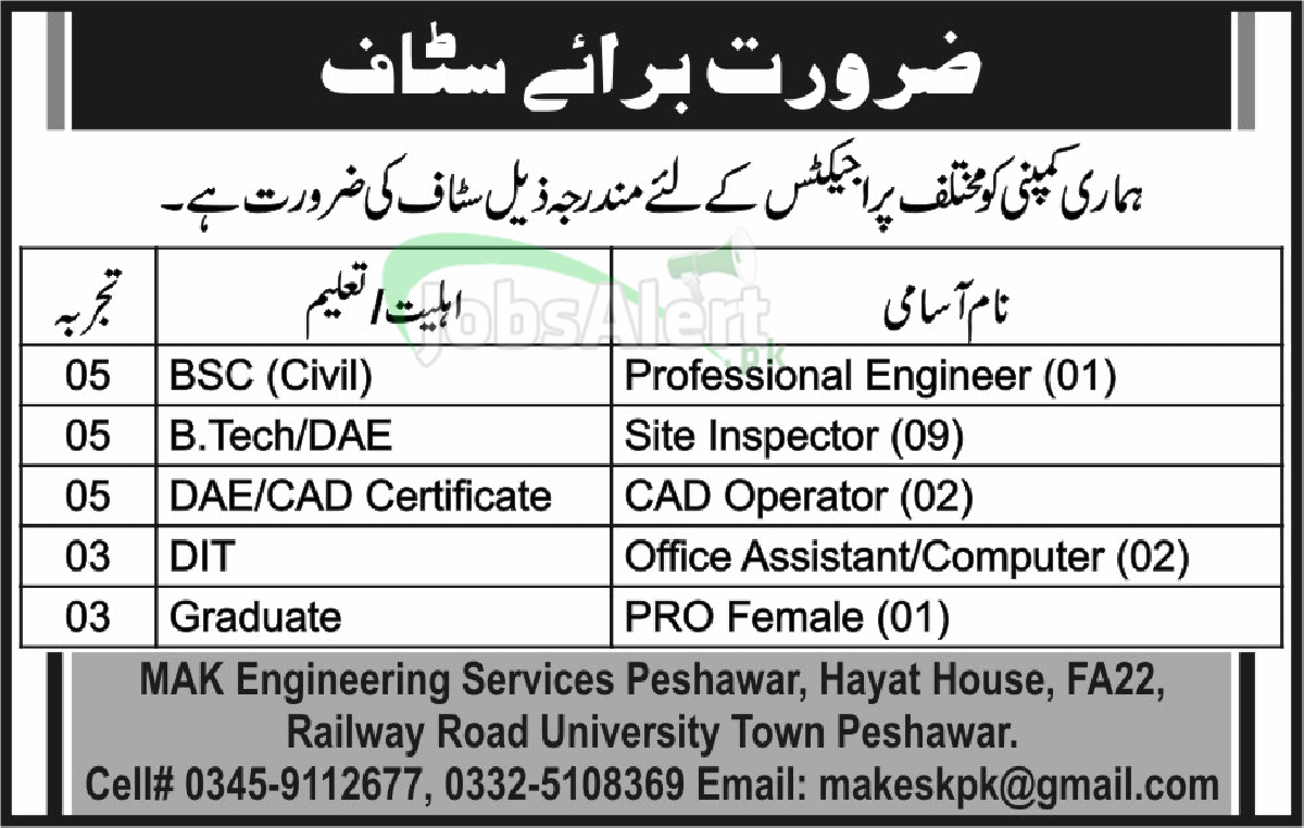 Engineer & Assistant Jobs in MAK Engineering Services Peshawar
