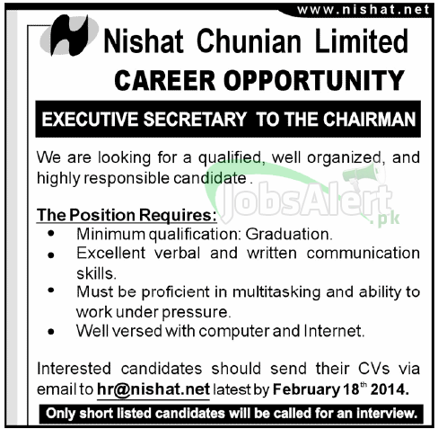 Executive Secretary Jobs in Nishat Chunian Limited Lahore