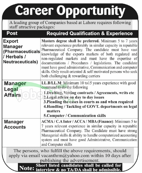 Export Manager Jobs in Leading Group of Companies Lahore