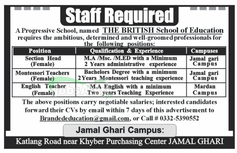 Female Teacher Jobs in The British School Of Education KPK
