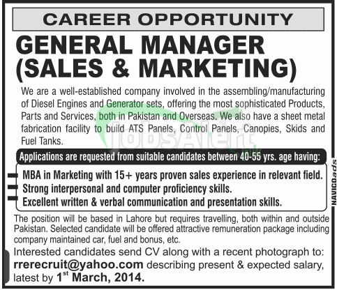 General Manager Sales & Marketing Jobs 2014 in Lahore