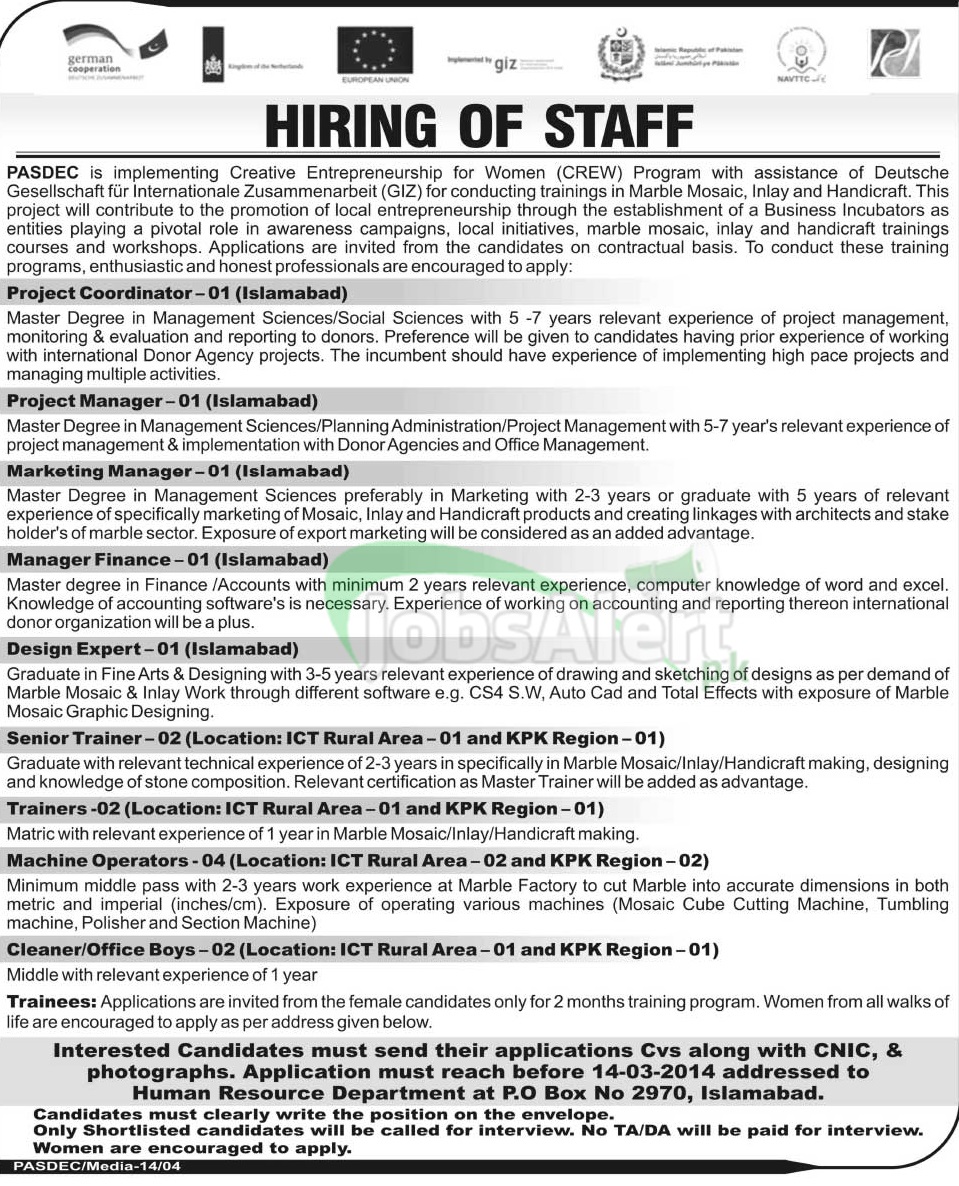 Jobs for women in PASDEC Islamabad Govt of Pakistan