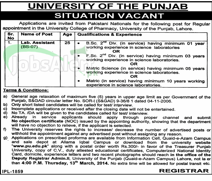 Lab. Assistant Jobs 2014 in University of the Punjab Lahore