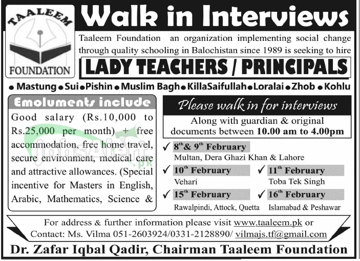 Lady Teacher / Principal Jobs in Taaleem Foundation Pakistan