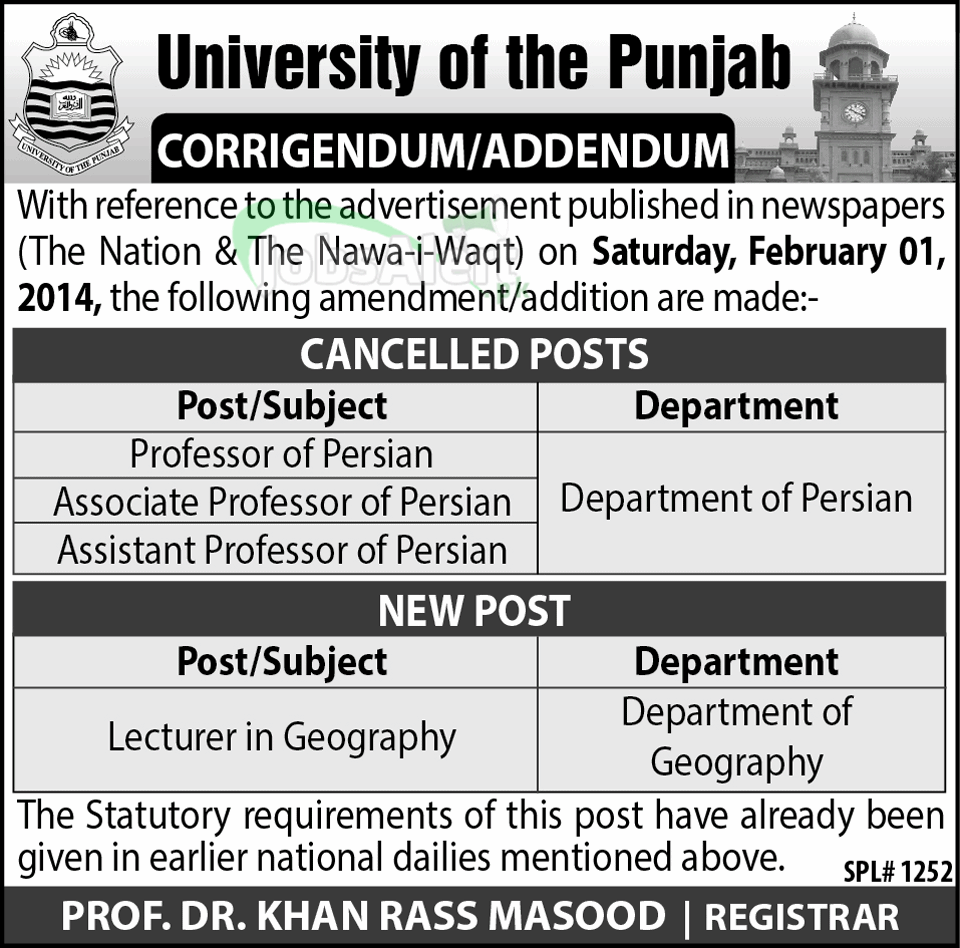 Lecturer Jobs 2014 in University of the Punjab