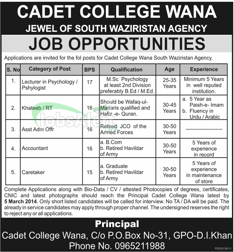 Lecturer and Assistant Jobs in Cadet College Wana D.I Khan
