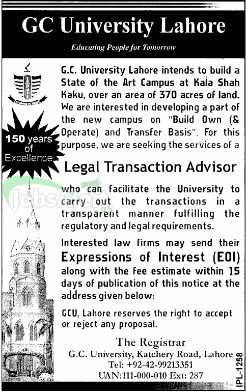 Legal Transaction Advisor Jobs In GC University Lahore