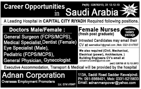 Male & Female Doctor Jobs in Capital City Riyadh Saudi Arabia