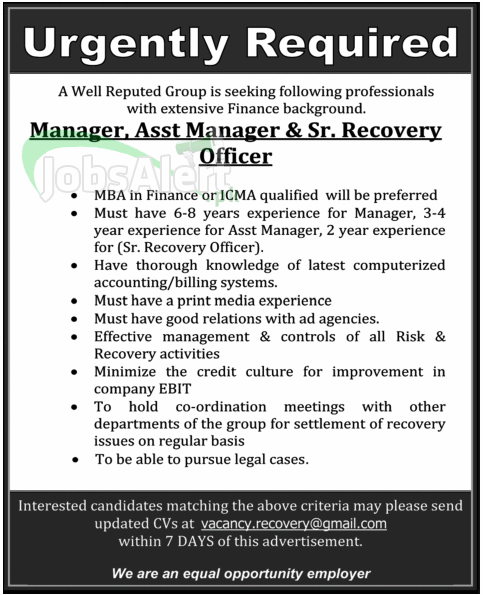 Manager, Asst Manager & Sr. Recovery Officer Jobs in Pakistan