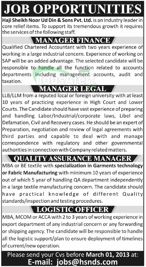 Manager Jobs in Haji Sheikh Noor Ud Din & Sons Pvt. Ltd. Pakistan