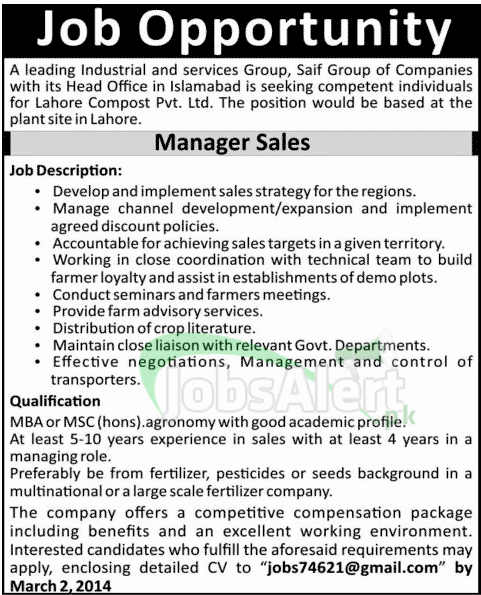 Manager Sales Jobs in Saif Group of Companies Islamabad