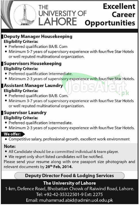 Manager and Supervisor Jobs in The University of Lahore