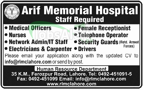 Medical Officer & Receptionist Jobs in Arif Memorial Hospital LHR