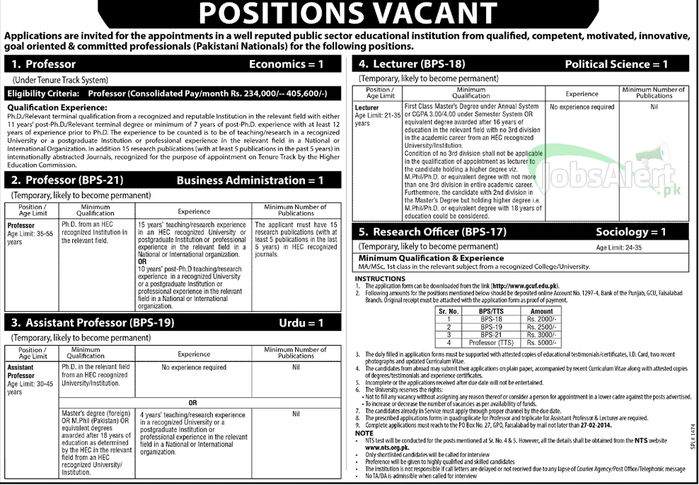 NTS Lecturer Jobs 2014 in GC University Faisalabad