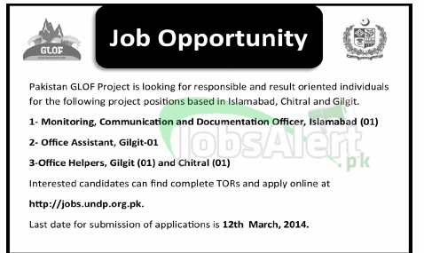 Office Assistant Jobs 2014 in GLOF Project Govt of Pakistan