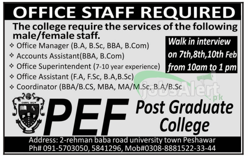 Office Manager Jobs in PEF Post Graduate College Peshawar