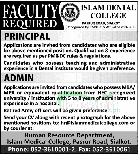Principal & Admin Jobs in Islam Dental College Sialkot